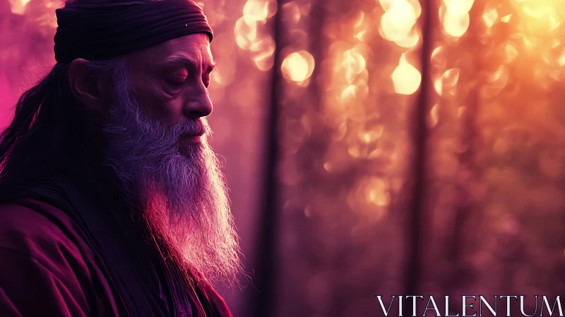 Digital portrait of meditative elder in bokeh forest light.