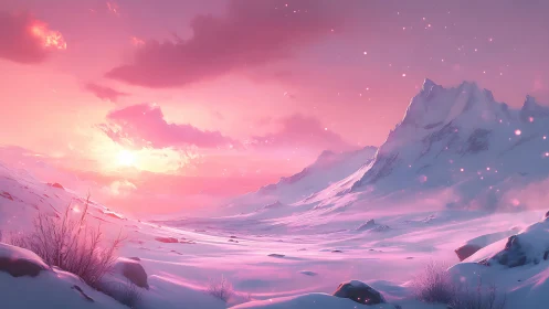 Digital painting of luminous pink alpine snowfield panorama.