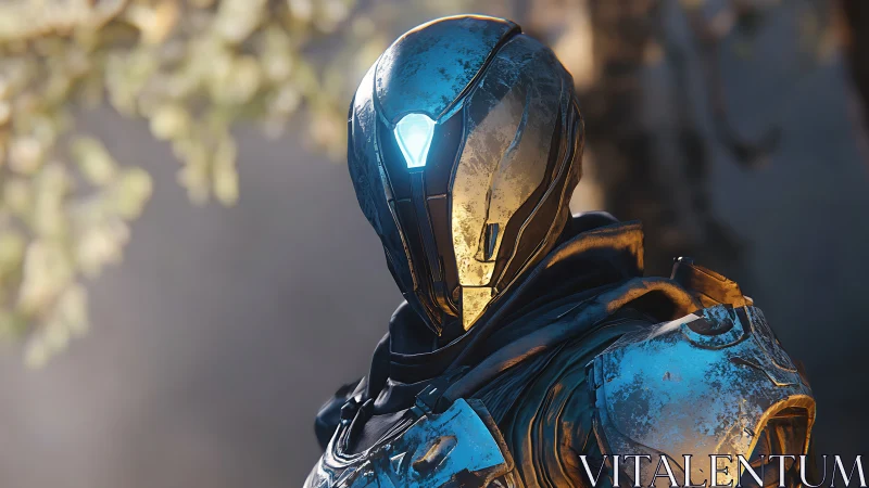 Stoic armored android gazes ahead with calm blue light