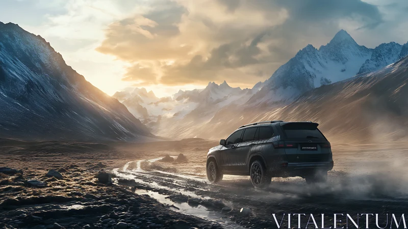 Off-road SUV traverses wet glacial valley under volumetric sunset