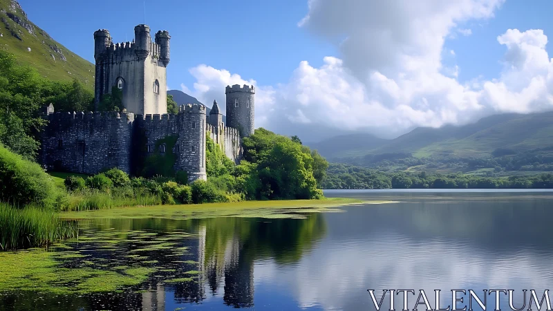 Lakeside stone fortress dreaming in emerald hills and clouds.