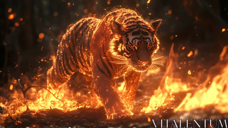 Blazing tiger strides through glowing forest fire with power
