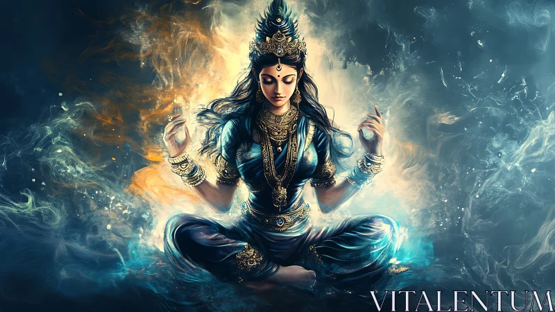 Divine goddess meditates in swirling cosmic fire and mist