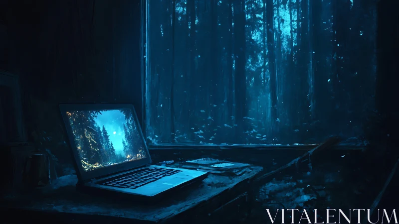 Laptop on dark forest desk with glowing screen at night.