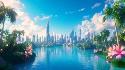 Futuristic tropical skyline rises beyond reflective lagoon waters