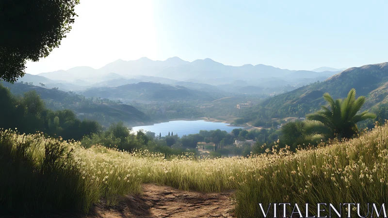 Sunlit valley lake with distant blue mountains and wild grass