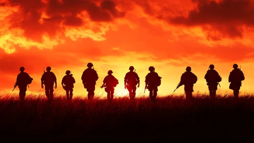 Silhouetted infantry squad advancing under incendiary sunset sky.