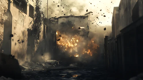 Explosive alleyway drama wrapped in smoke and flying debris.