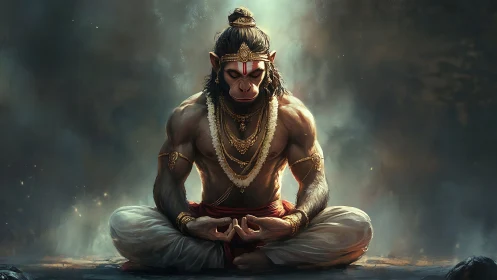 Anthropomorphic simian figure in meditative seated posture.