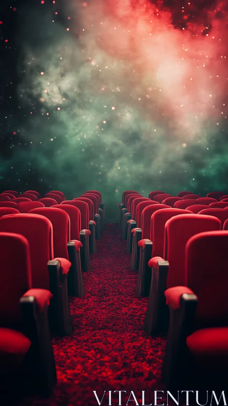 Red velvet cinema aisle opens a doorway into nebula dreams