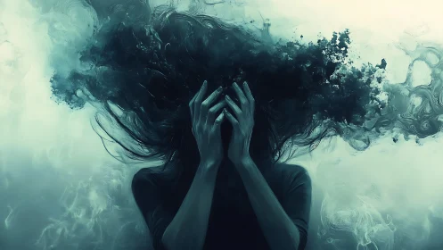 Surreal figure with dissolving head rendered in teal vapor