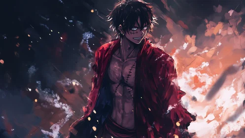 Storm-lit anime hero strides forward with fierce resolve