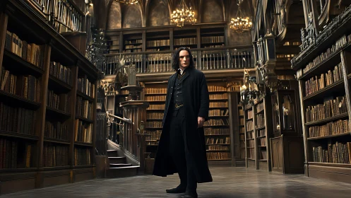 Mysterious scholar strides through a grand enchanted library