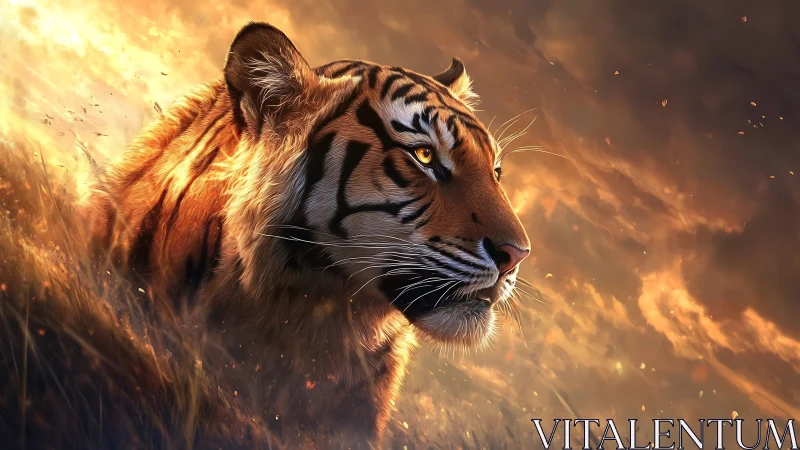 Tiger in warm sunset light over windswept grassland.