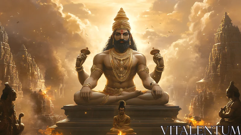 Majestic golden deity meditates above radiant temple realm