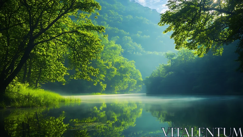 Mistlit forest river mirroring lush green valley slopes.