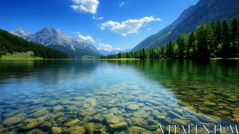 Crystal alpine lake with visible stony bed and forested peaks