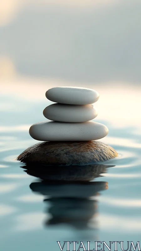 Zen stones balance over still water under soft sunrise glow.