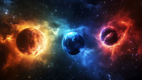 Cosmic dance of fiery and frozen worlds in deep space.