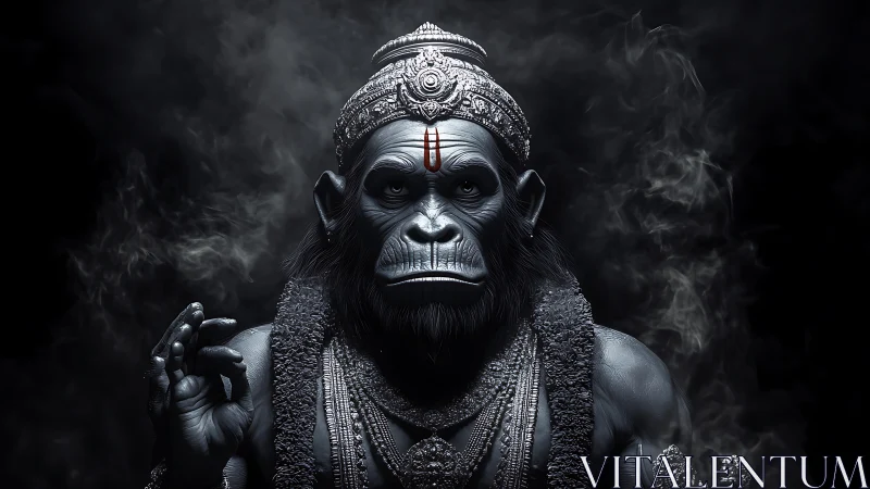 Monochrome simian deity portrait in high-detail 3D rendering.