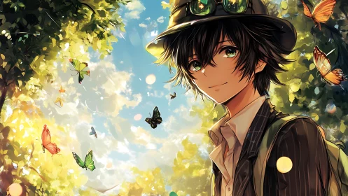 Sunlit anime boy with butterflies in high-saturation forest canopy