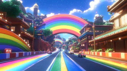 Vibrant rainbow racetrack winds through neon-lit fantasy city