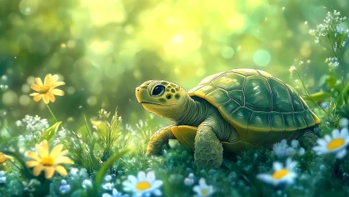 Young green turtle in soft-focus spring meadow scene.