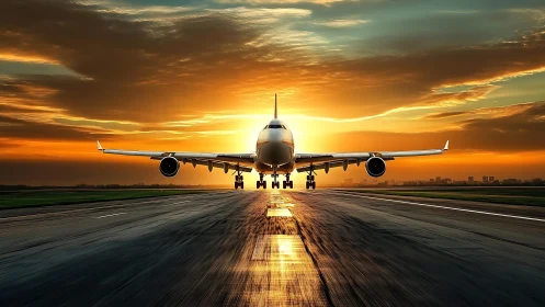 Jetliner crowns the runway in a blaze of molten sunrise skies.