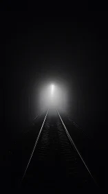 Single railway track receding into bright light in darkness