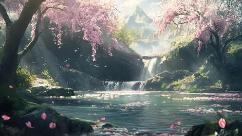 Digital painting of cherry blossom cascade with tranquil pool.