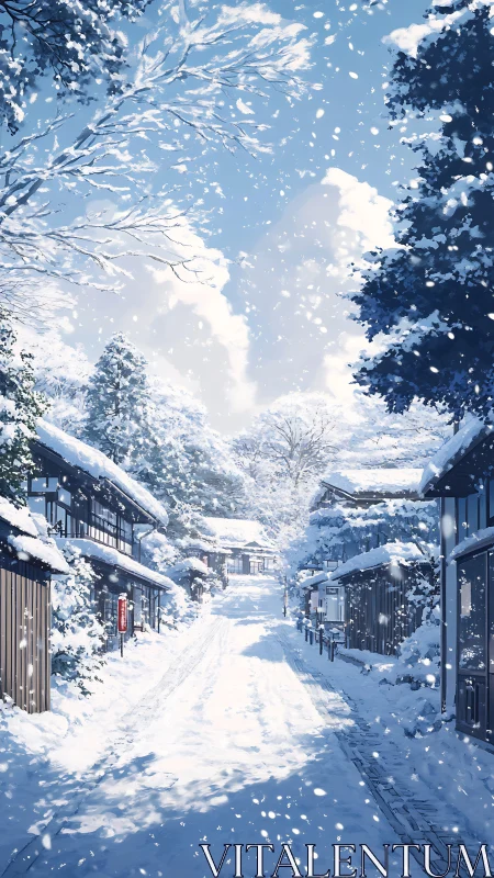 Snow covered village street with traditional wooden houses.
