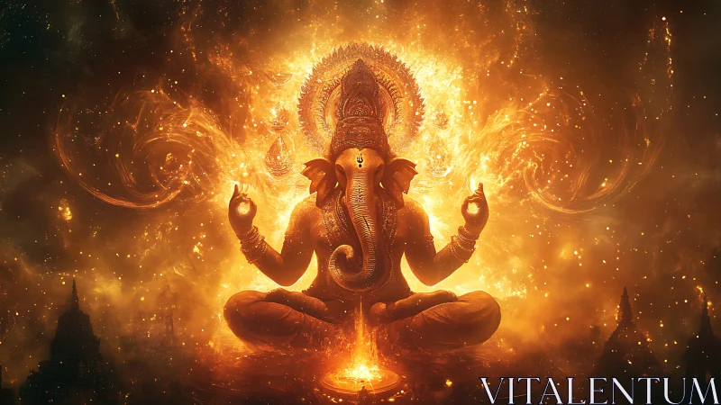 Elephant-headed deity in fiery luminous seated composition.
