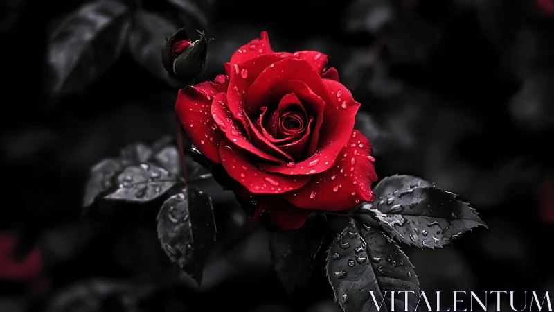 Crimson Rose Glistening with Dewdrops Against Dark Garden.