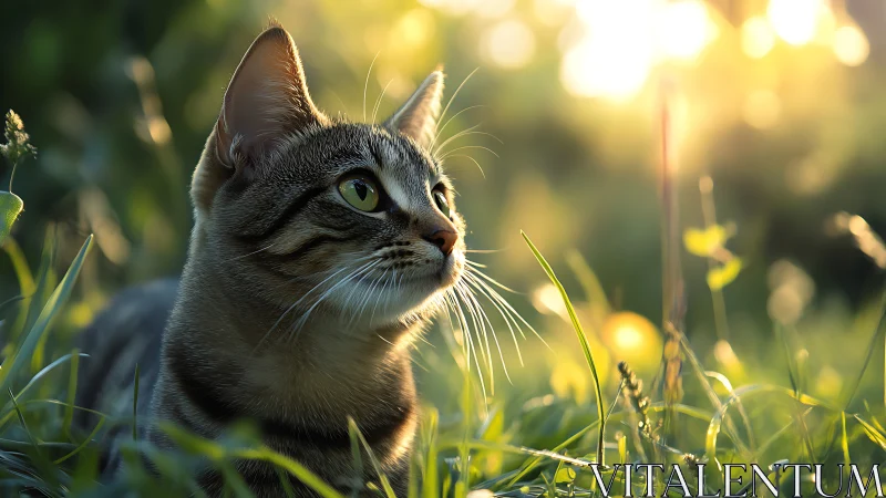 Tabby cat in grass observing surroundings with alert gaze