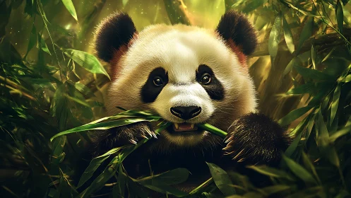 Photorealistic juvenile panda consuming bamboo foliage in jungle.
