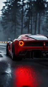 Red supercar slices wet forest highway under heavy rain.