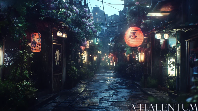 Digital painting of rainy lantern alley with floral overgrowth.