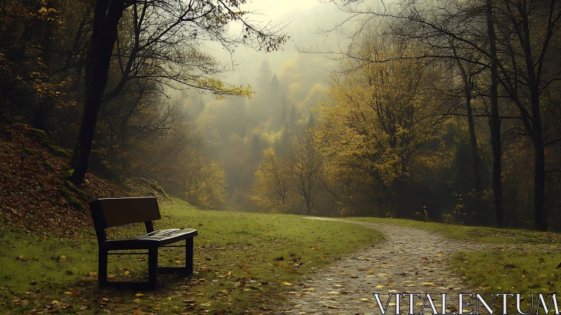Solitary Bench in Autumn Forest: Atmospheric Landscape Study.
