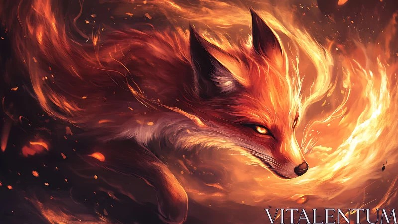 Fiery fox portrait with swirling embers and flames.