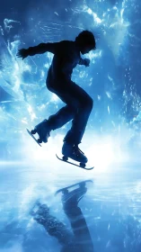 Kinetic silhouette skater suspended in luminescent blue void.