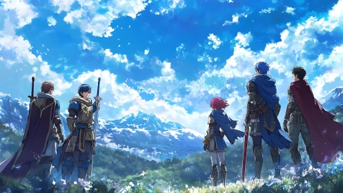 Armored adventurers survey alpine valley under expansive sky