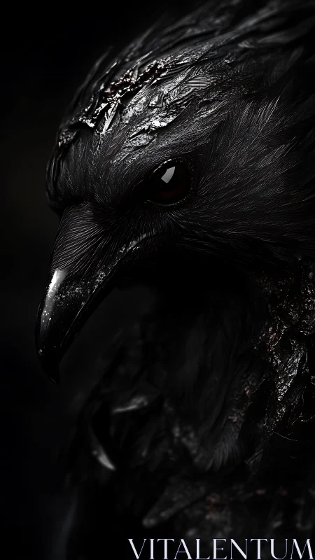Raven portrait reveals intricate wet feathers in deep shadow