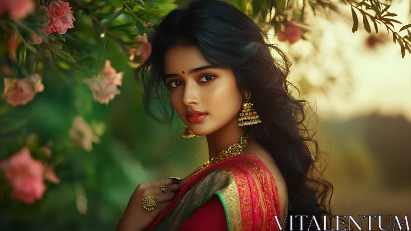 Elegant Indian woman in traditional attire, vibrant portrait style.