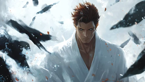 Storm-stilled warrior exhales calm amid swirling painted crows