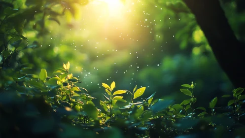 Sunlit forest undergrowth with glowing leaves and dreamy light.