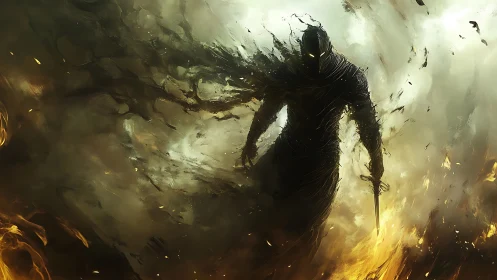 Armored wraith emerges from turbulent smoke with edge-lit blade