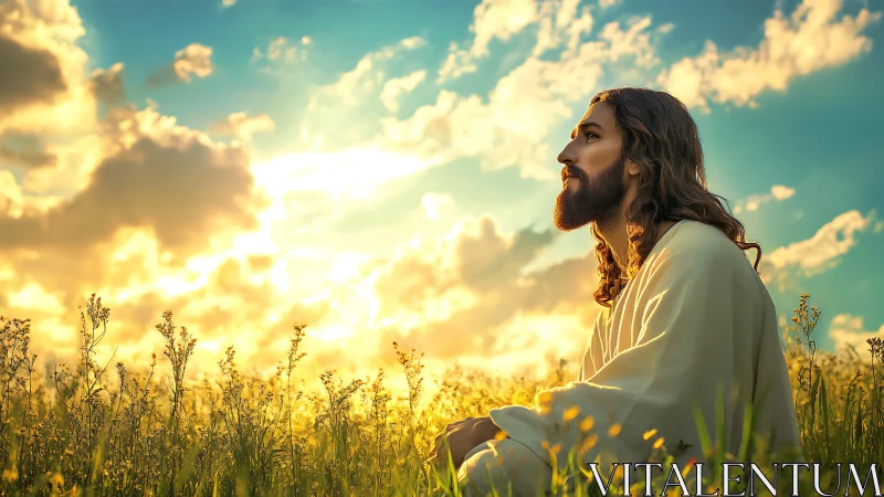 Side-profile figure sits in field under backlit clouded sky
