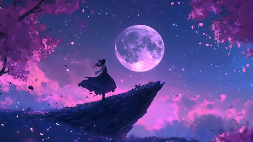 Girl on cliff under large glowing moon in pink night sky.