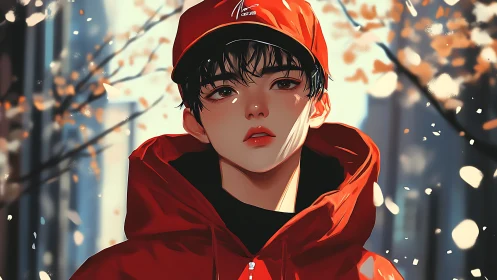 Red hooded youth in soft urban autumn light portrait.