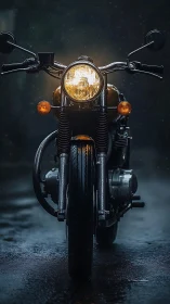 Rain-soaked vintage motorcycle head-on under moody lighting